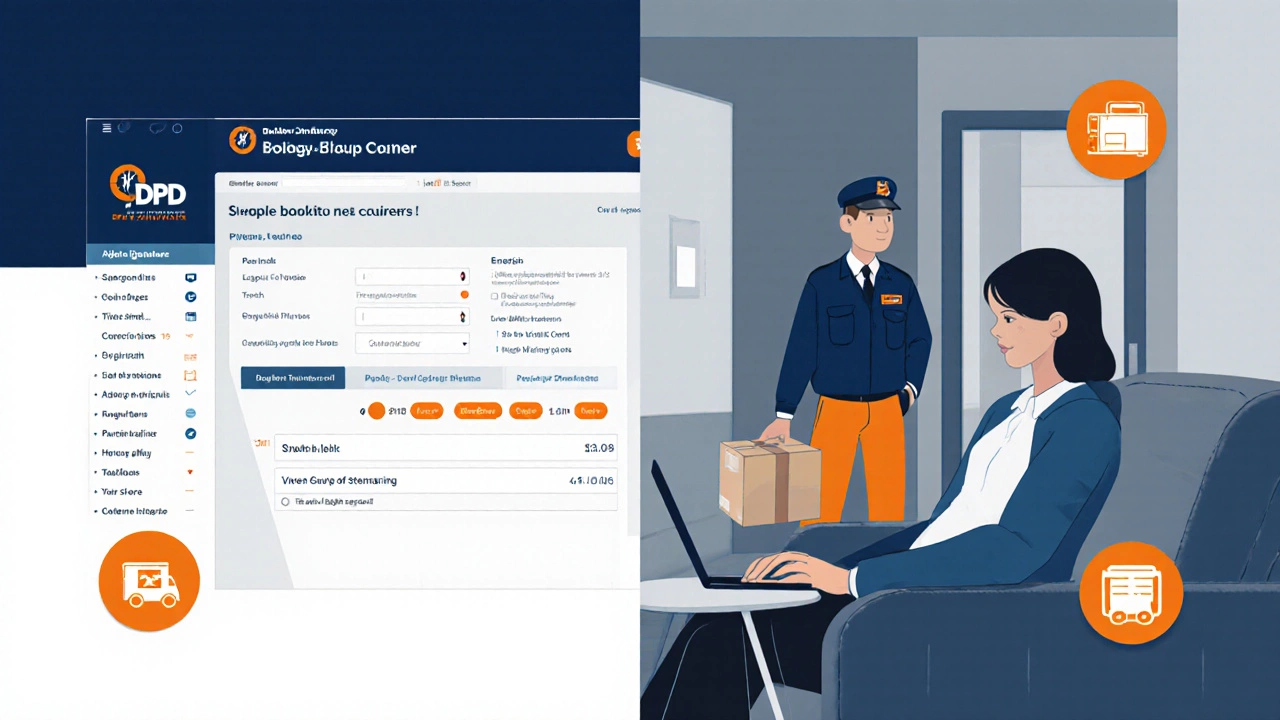 Person booking a parcel collection online while a courier collects the package nearby.