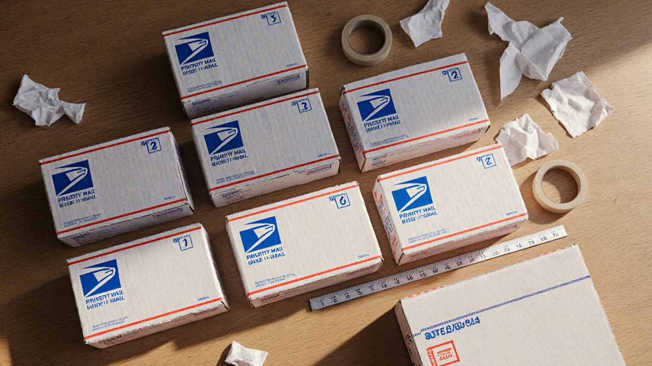Seven official USPS Priority Mail boxes arranged with dimensions shown.