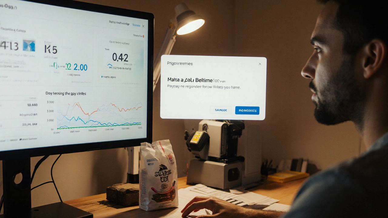 Small business owner monitoring logistics metrics as an automated packer works nearby.