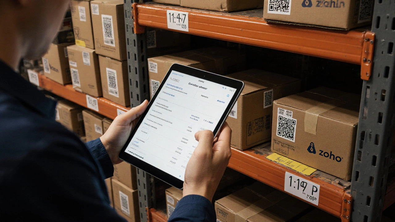 Worker scanning a Shopify-bound box on a tablet in a small UK fulfillment center at night, shelves labeled with QR codes.