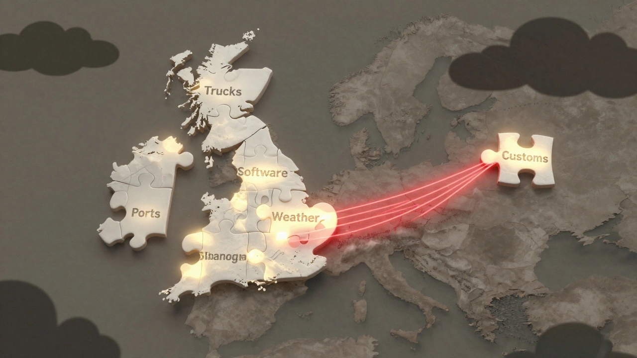 A giant puzzle connecting global logistics nodes, with a delay in Shanghai causing ripple effects across Europe.