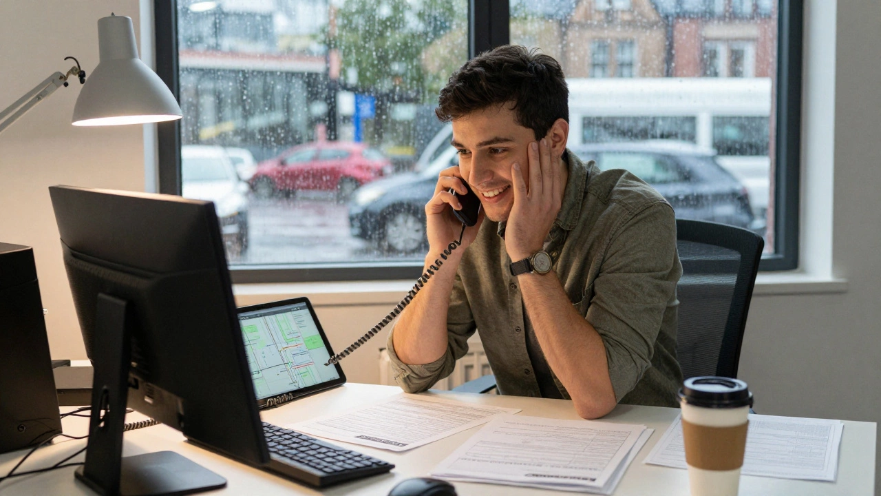A logistics coordinator calmly talking to a driver on the phone, rain on the window, papers and tablet on desk.