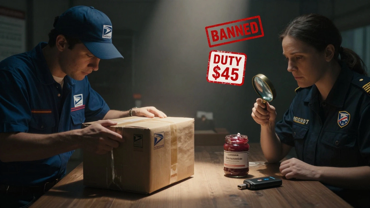 A package caught between U.S. postal and foreign customs scenes with banned items and duty fees.