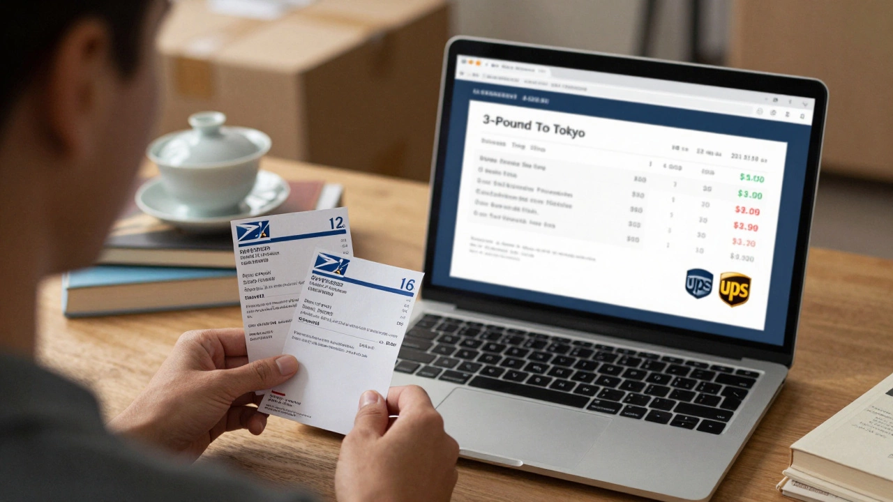A person comparing USPS and UPS shipping labels for a package to Tokyo, with gifts on a table.