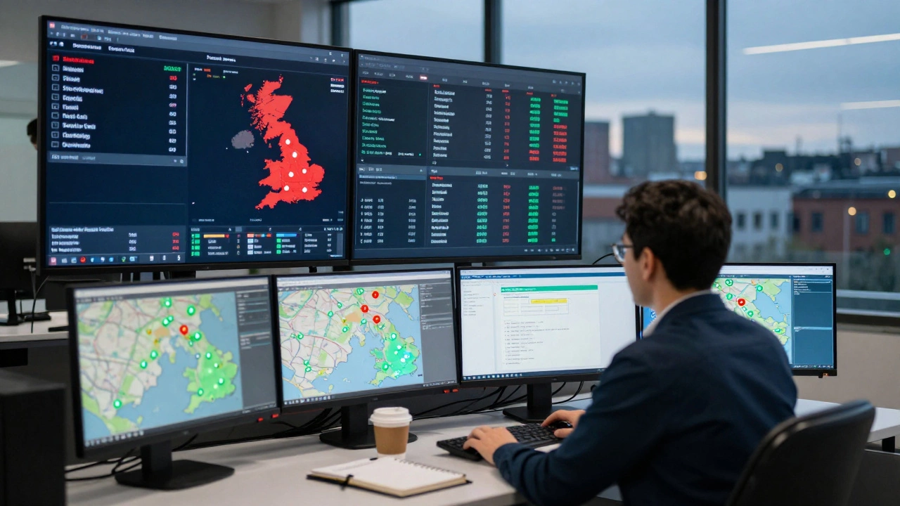 A supply chain analyst monitoring live logistics data on multiple screens in a control center.
