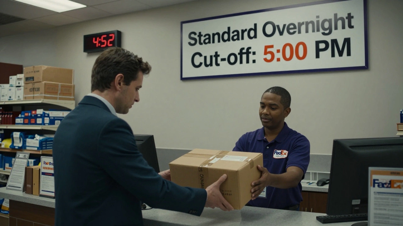 Businessperson handing a FedEx package to staff just before the 5 p.m. overnight cut-off.