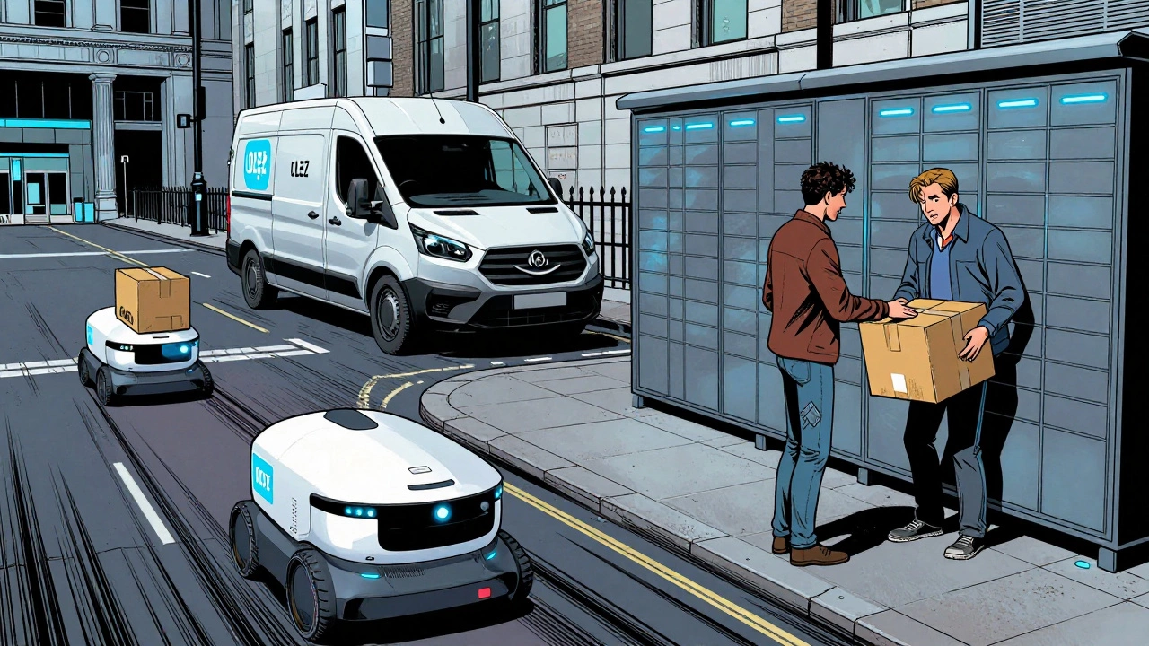 Comic-style street scene with delivery robots, electric vans, and a package locker in London.