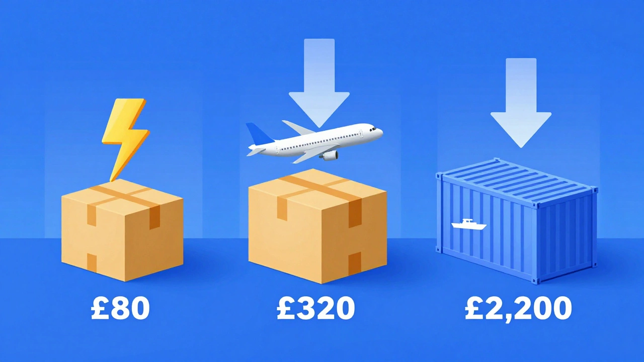 Comparison of three international shipping methods with cost labels and icons.
