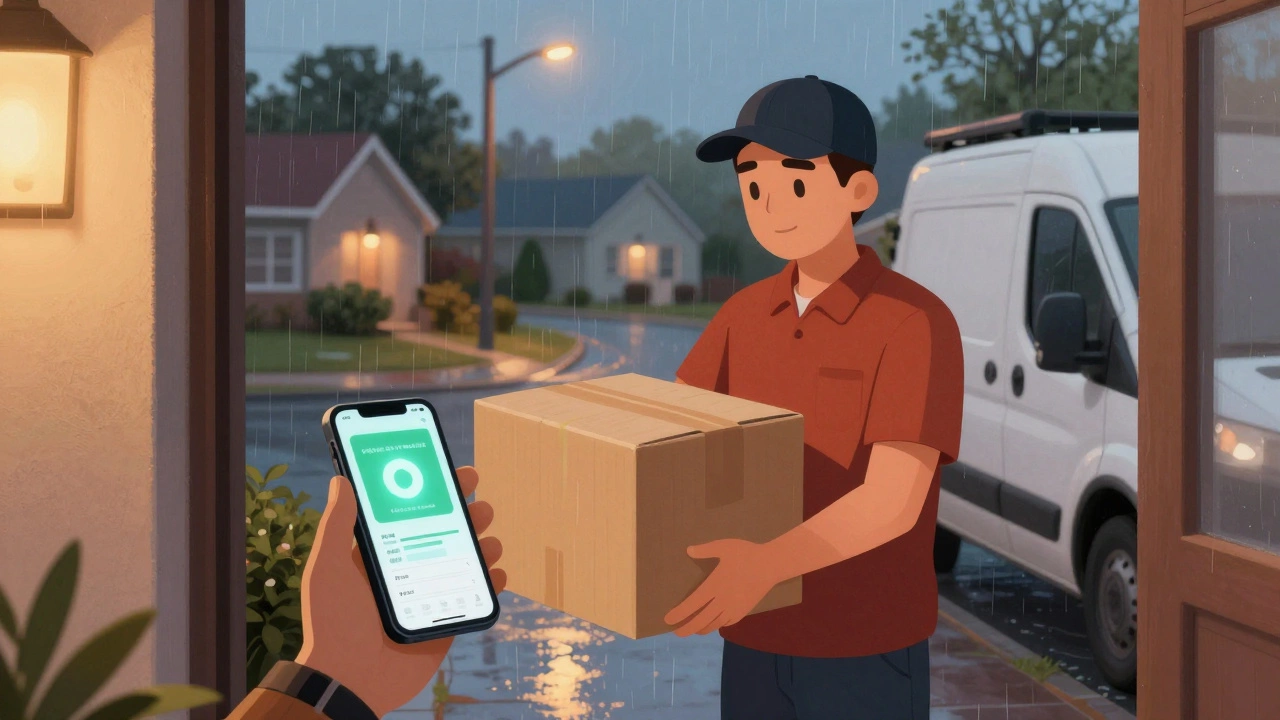 Delivery driver collecting a labeled package from a doorstep at dusk in a suburban neighborhood.