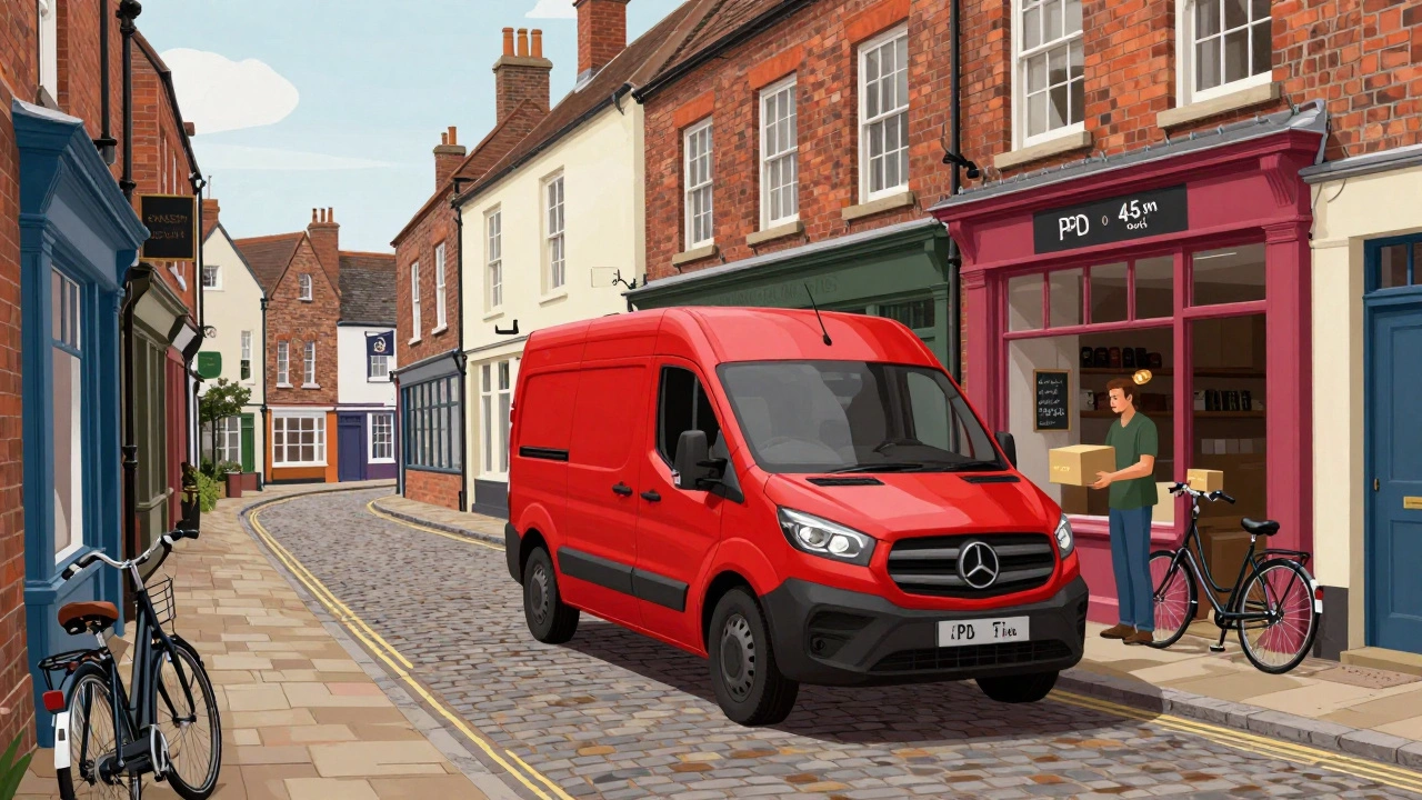 DPD Local van delivering a parcel to a small shop on a historic English town street.
