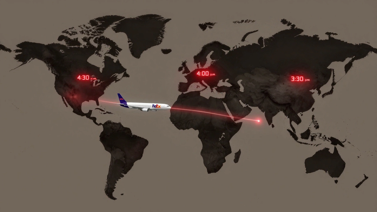 Global map showing international FedEx overnight cut-off times in major cities.