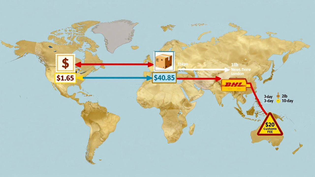 Global map with colored shipping routes showing costs and weight tiers for international mail.