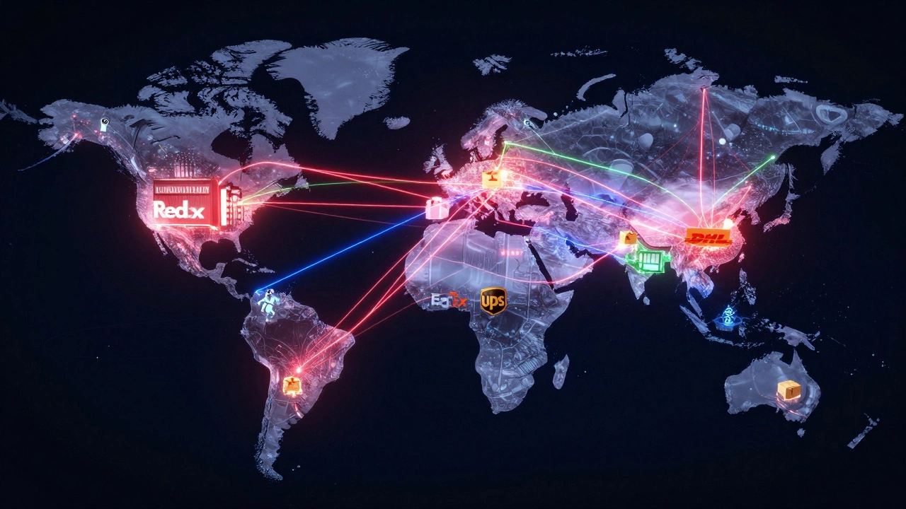 Global network map with glowing lines representing FedEx, UPS, and DHL logistics routes.