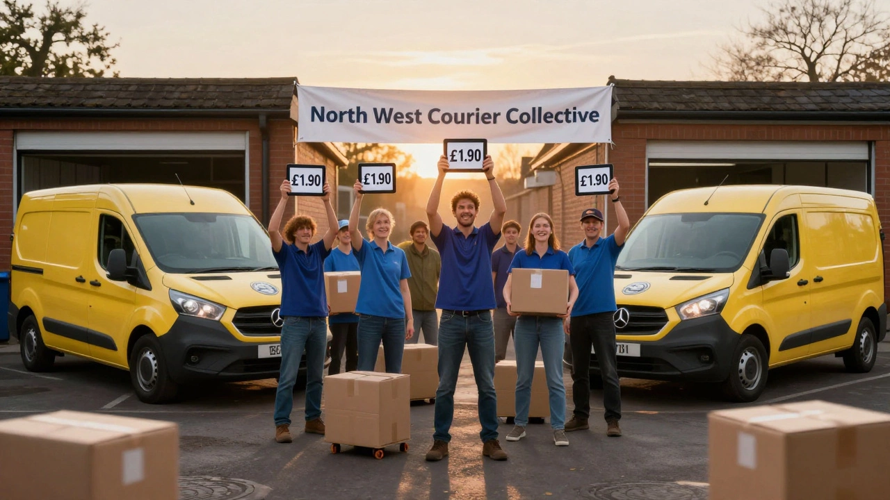 Group of couriers in a cooperative garage, holding tablets showing improved pay rates.