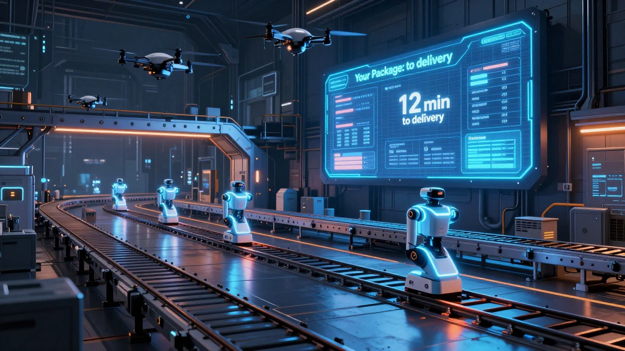 High-tech automated fulfillment center with robots and drones processing orders under neon lights at night.