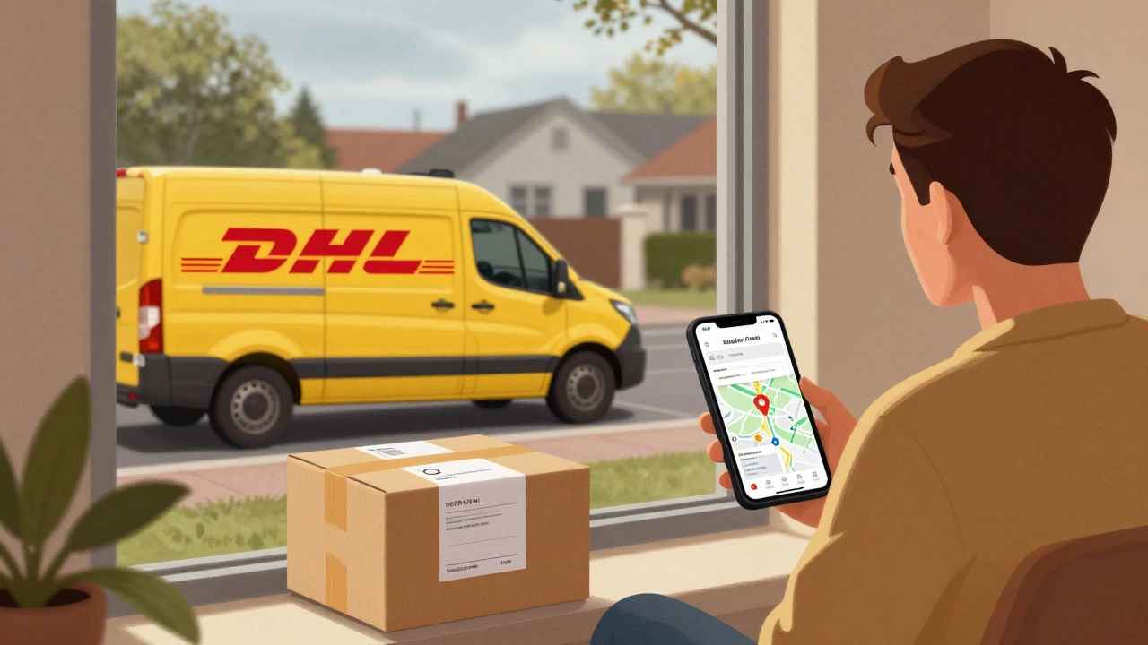 Homeowner watching a courier van arrive through a living room window.