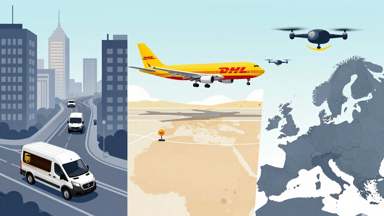 Illustration comparing UPS, DHL, and Amazon delivery systems across different regions.