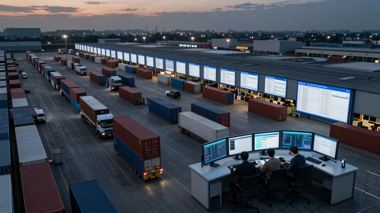 Large logistics center with international shipping and a central control room monitoring global supply chain data.