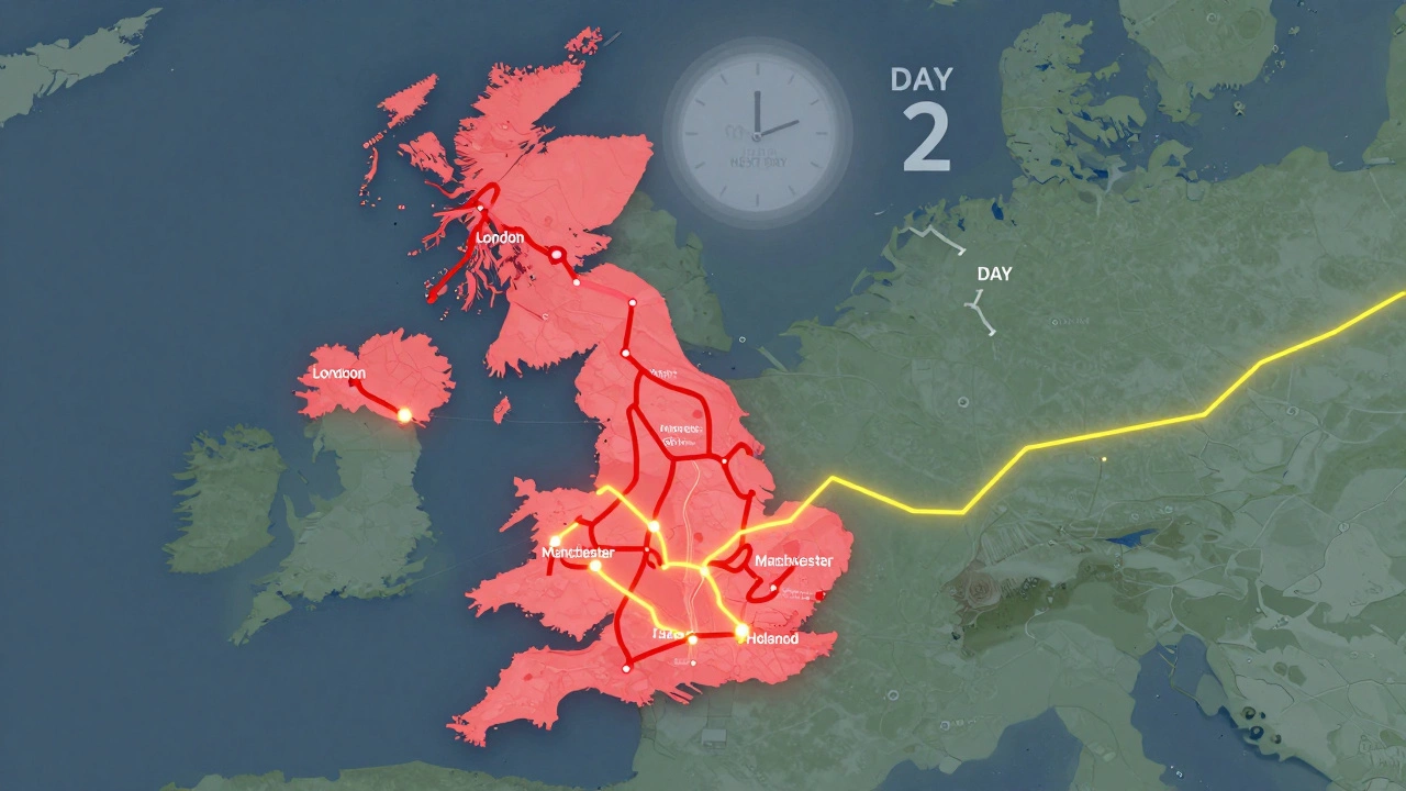 Map of the UK showing fast express routes in red to cities and slow routes in yellow to rural areas.