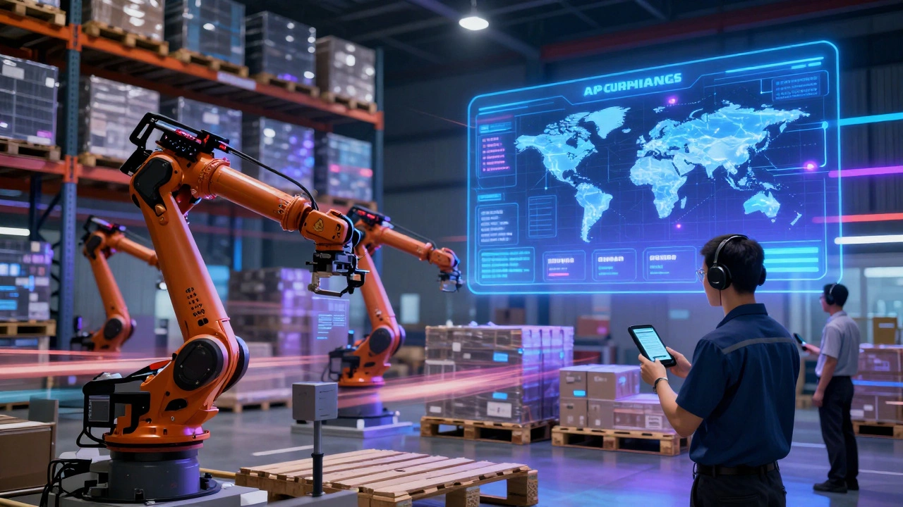 Modern warehouse with robots and staff using voice scanners under glowing digital dashboards showing real-time data.