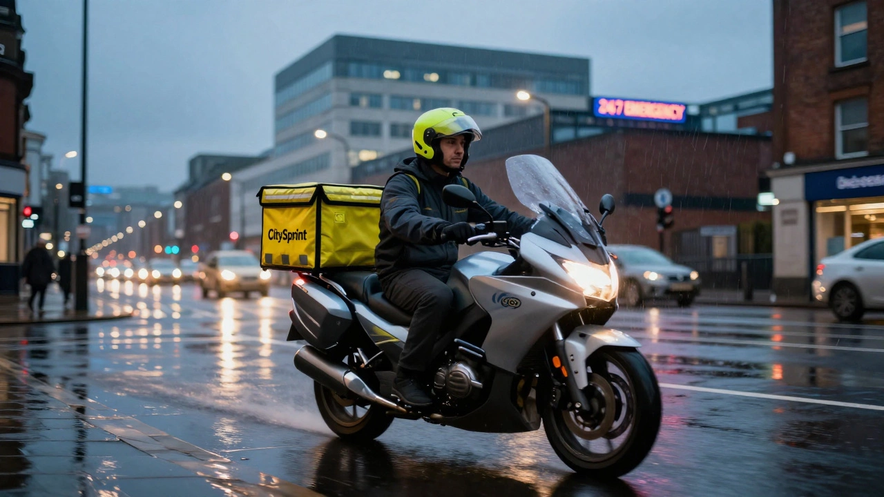 Motorcycle courier racing through rainy streets with a medical delivery box, hospital glowing in the distance.
