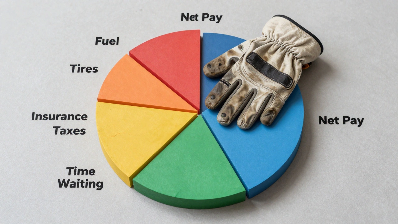 Pie chart made of courier expenses, with worn driving gloves on top showing net pay is small.