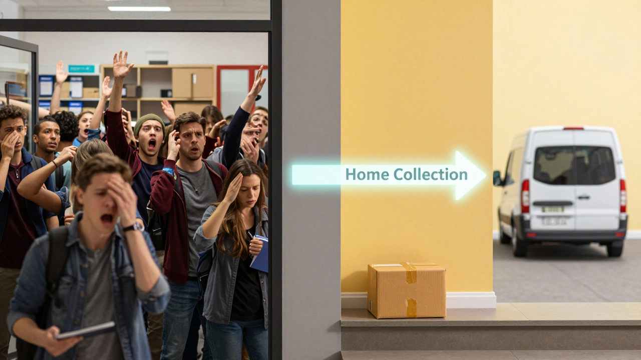 Split image contrasting busy post office with convenient home pickup.