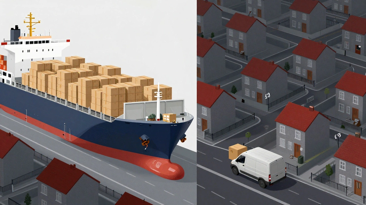 Split image showing efficient bulk shipping vs. scattered last-mile deliveries with price tags.