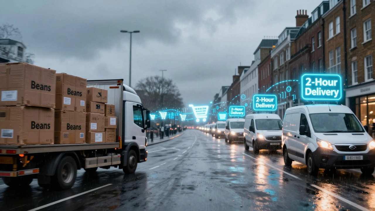 Split image: slow traditional truck vs fast electric delivery vans, connected by digital data stream in urban setting.