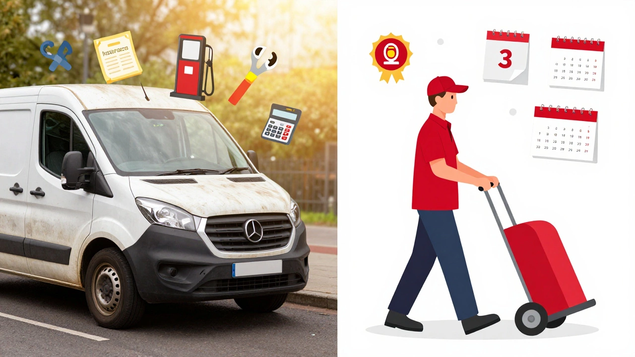 Split scene: gig worker calculating expenses vs. employed courier with benefits.