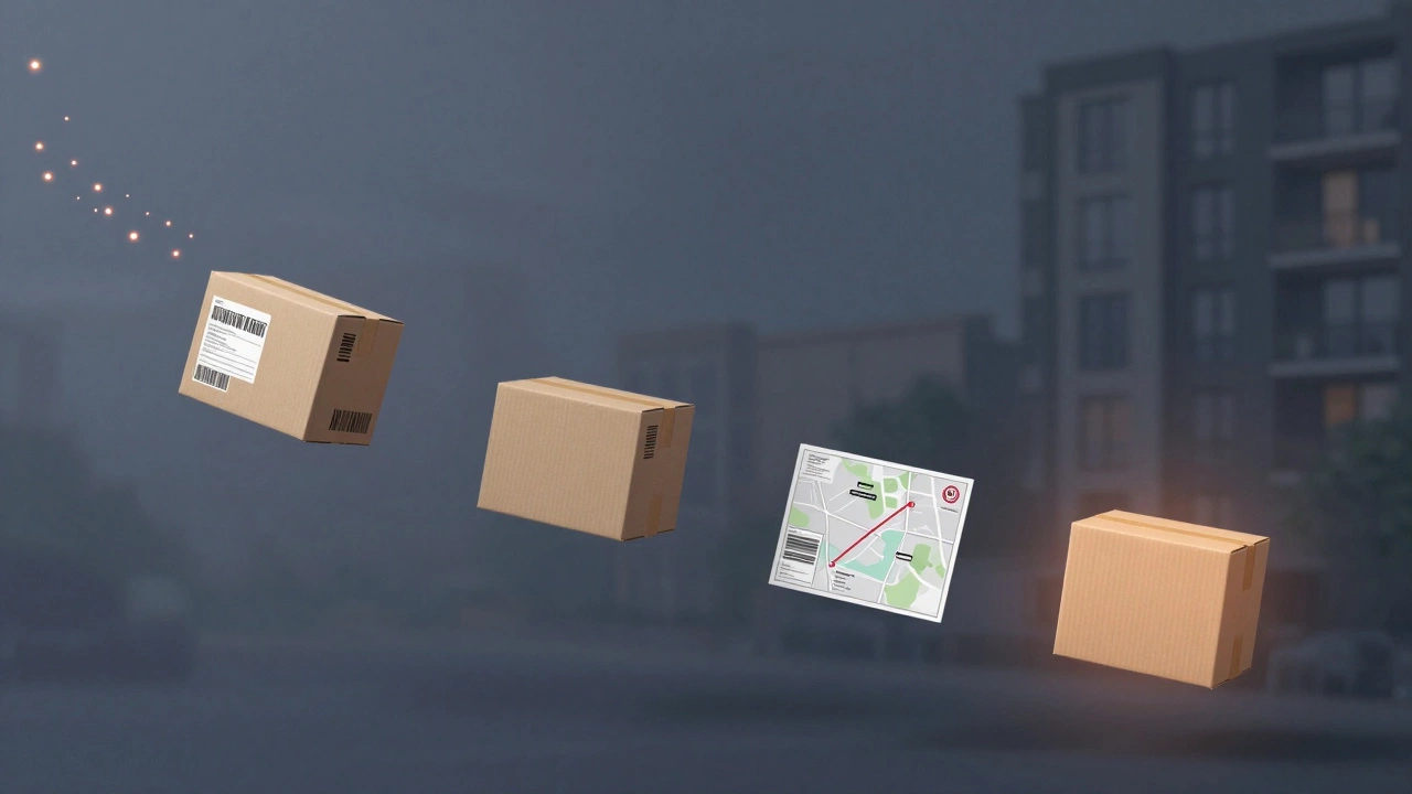 Transparent package with digital tracking trail moving from post office to home, glowing route markers.