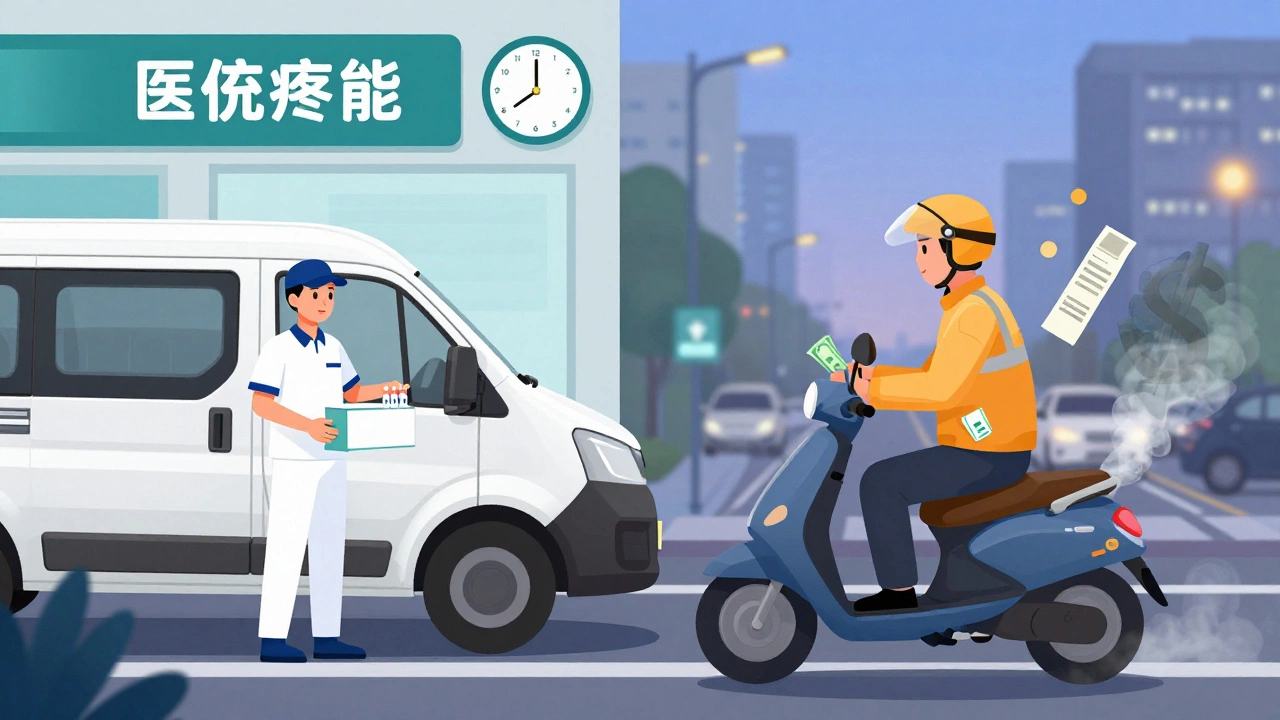 Two courier profiles: one in a van delivering medical supplies, another on scooter counting cash.