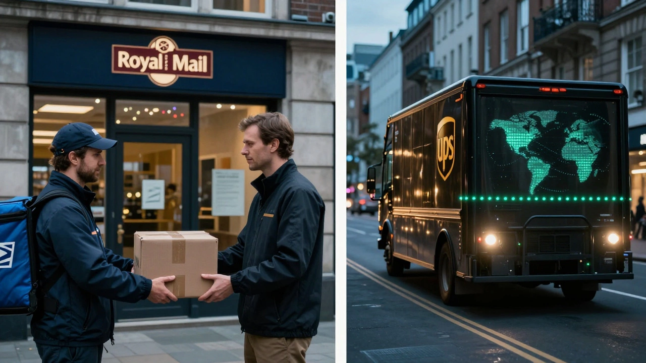 Two delivery paths: USPS package handed to foreign postal service vs. UPS truck with continuous real-time tracking.