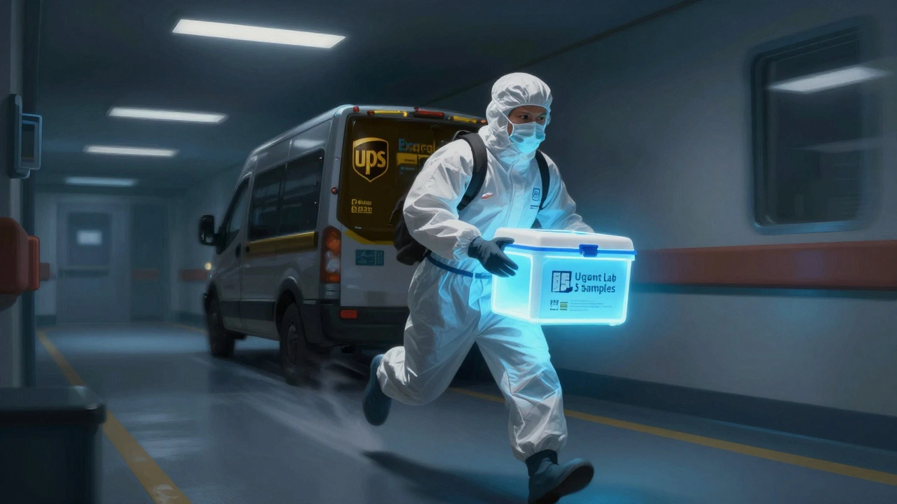UPS courier rushing with a medical package through a hospital corridor at night.