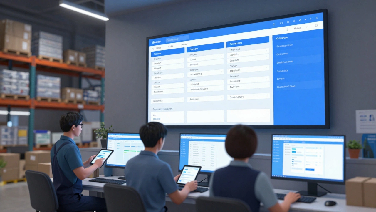 Warehouse staff using tablets and digital screens to manage inventory synced with sales and procurement systems.