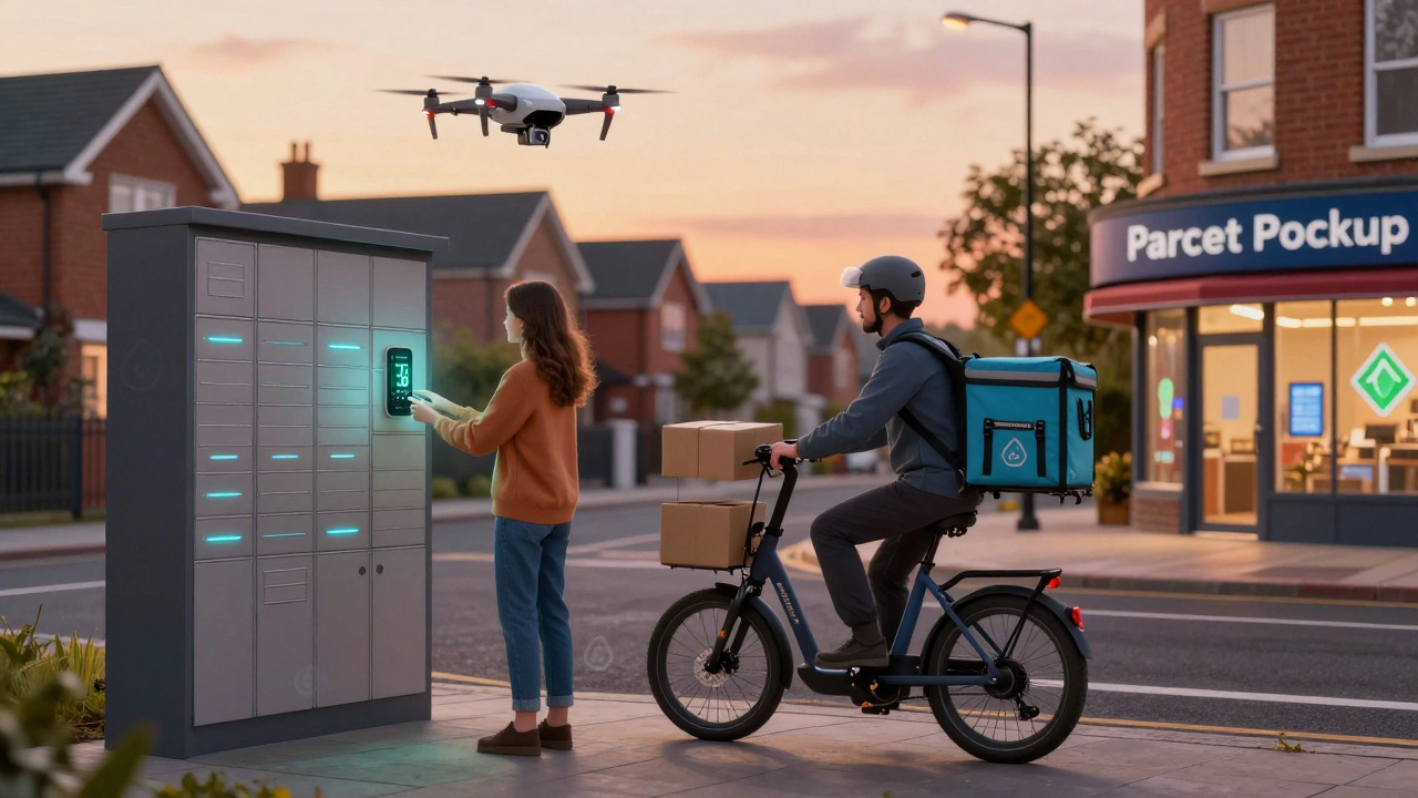 A delivery cyclist hands a package to a customer via a smart porch locker at dusk in a UK city.