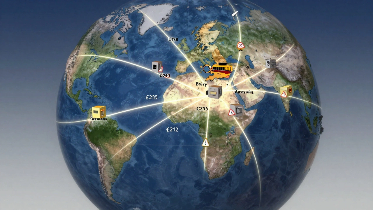 A globe with colored shipping routes from the UK showing cost differences to countries like Germany, Australia, and Brazil.