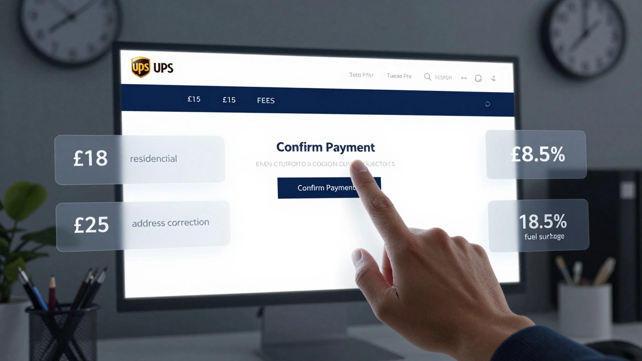 A hand hovering over a computer screen showing UPS shipping costs with floating fee overlays, in a home office setting.