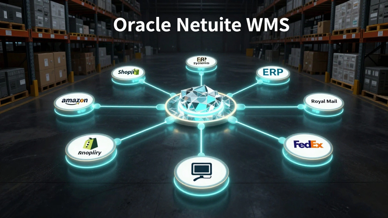 A network diagram showing Oracle NetSuite WMS integrating e-commerce platforms, ERP systems, and shipping carriers with real-time data flow.