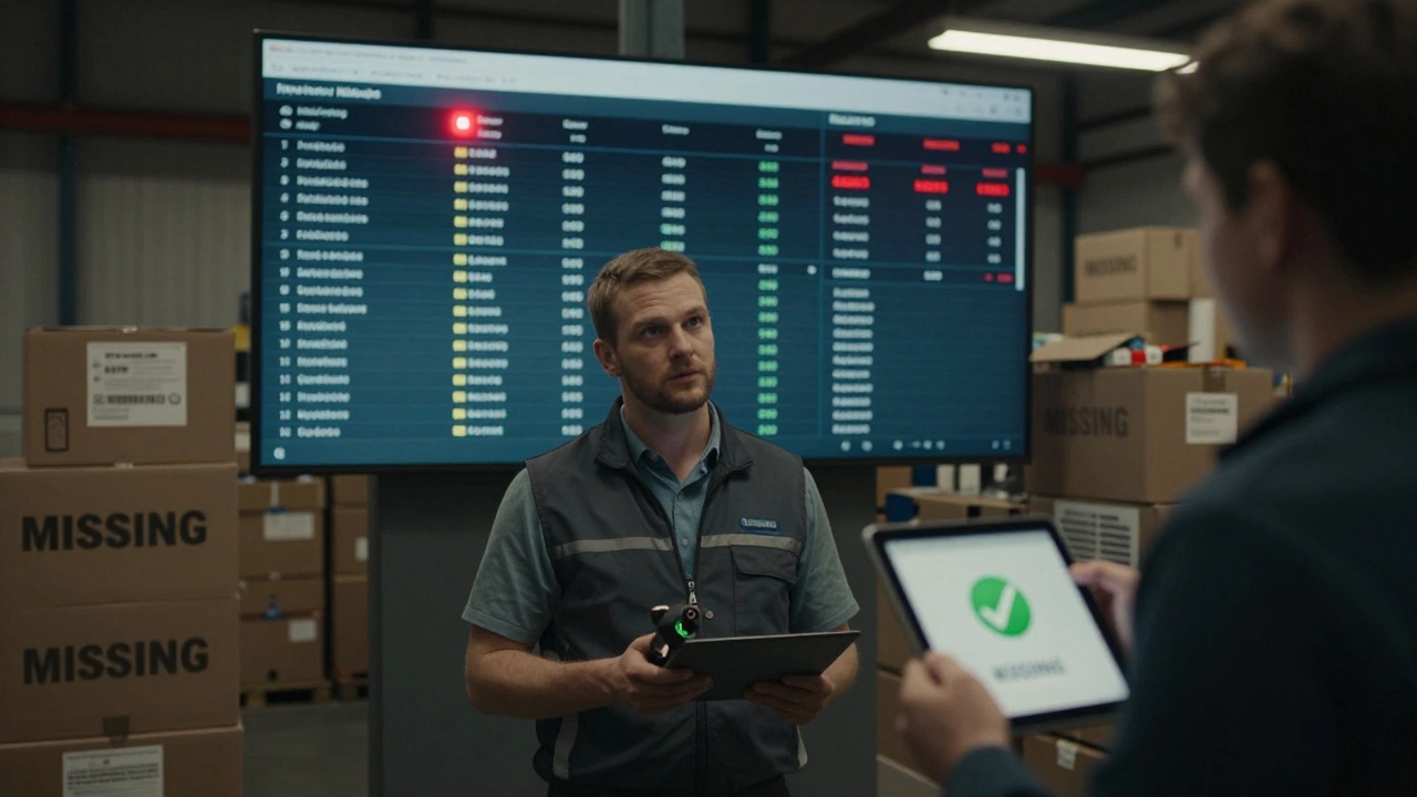 A warehouse manager faces a digital dashboard with inventory errors while an employee scans items with a successful tablet confirmation.