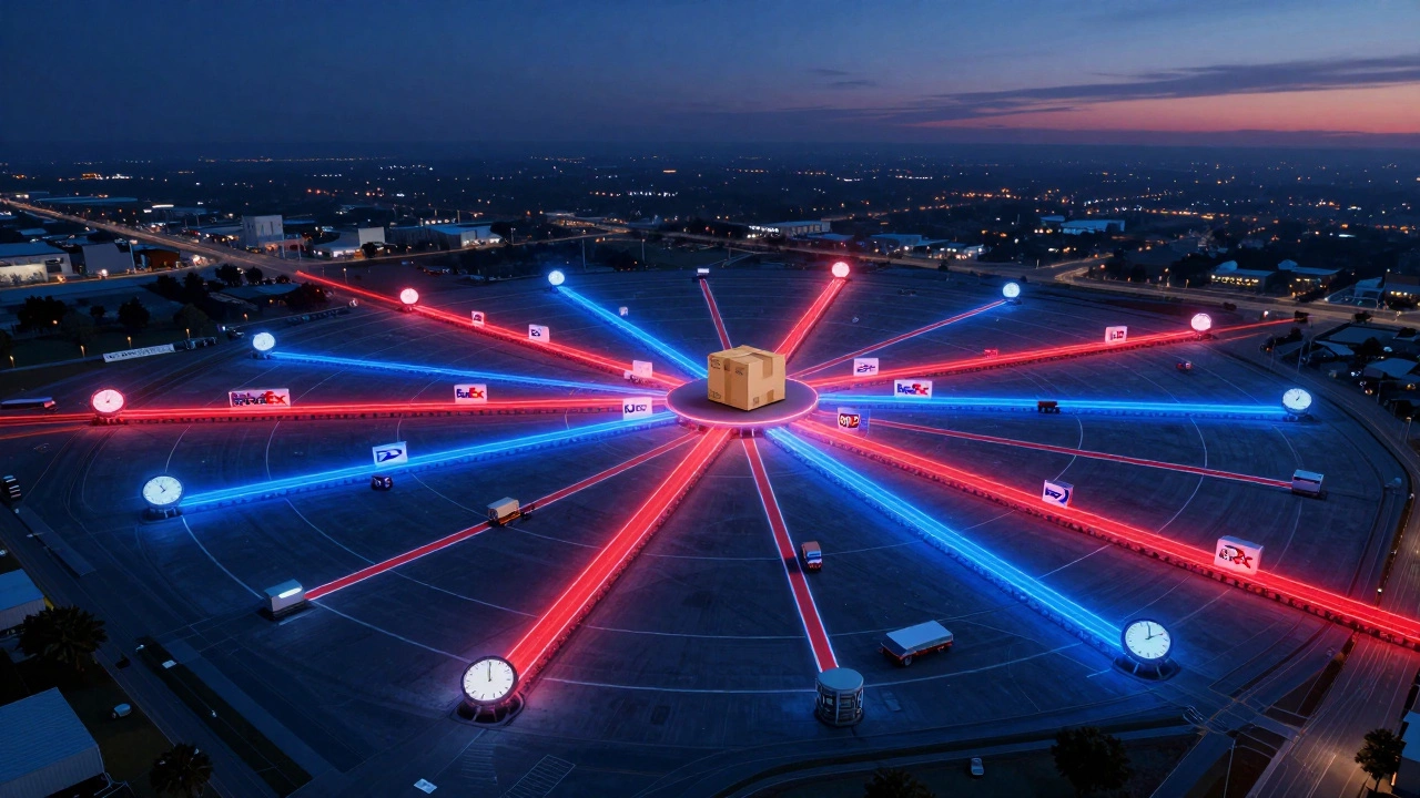 Conceptual map of delivery networks with one delayed package paused at 5:01 p.m.