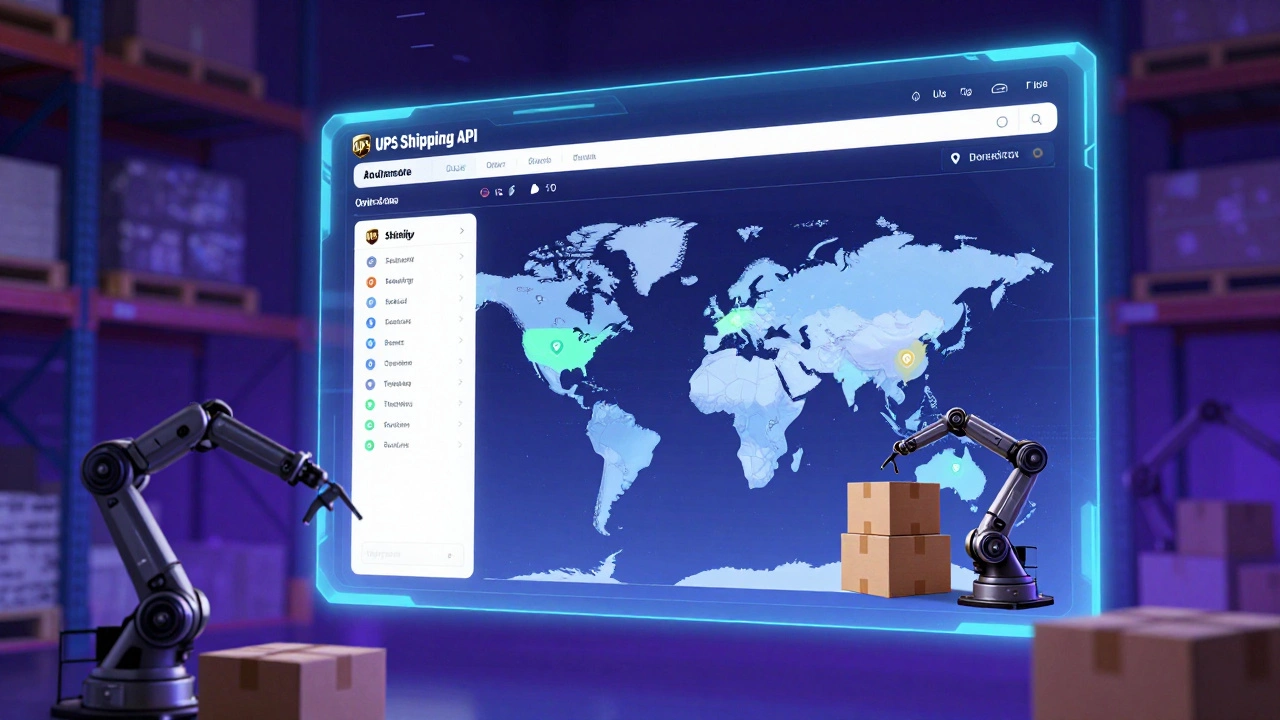 Digital dashboard showing UPS Shipping API integrating e-commerce orders with global tracking.