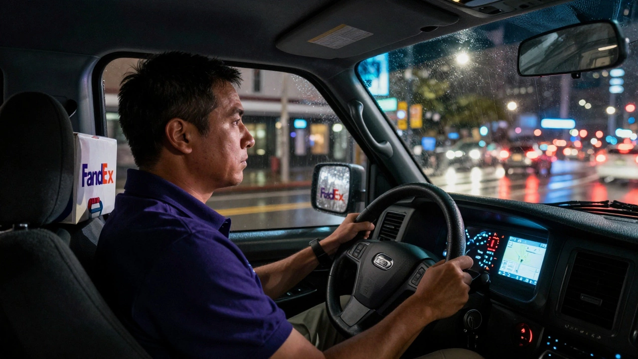 FedEx courier in a vehicle transporting a medical sample at night in the city.