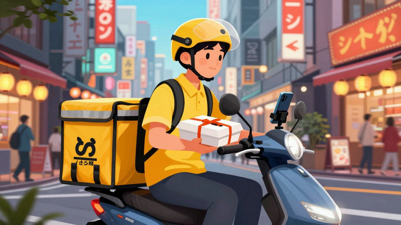 Food delivery courier on a scooter navigating busy city streets at dusk.