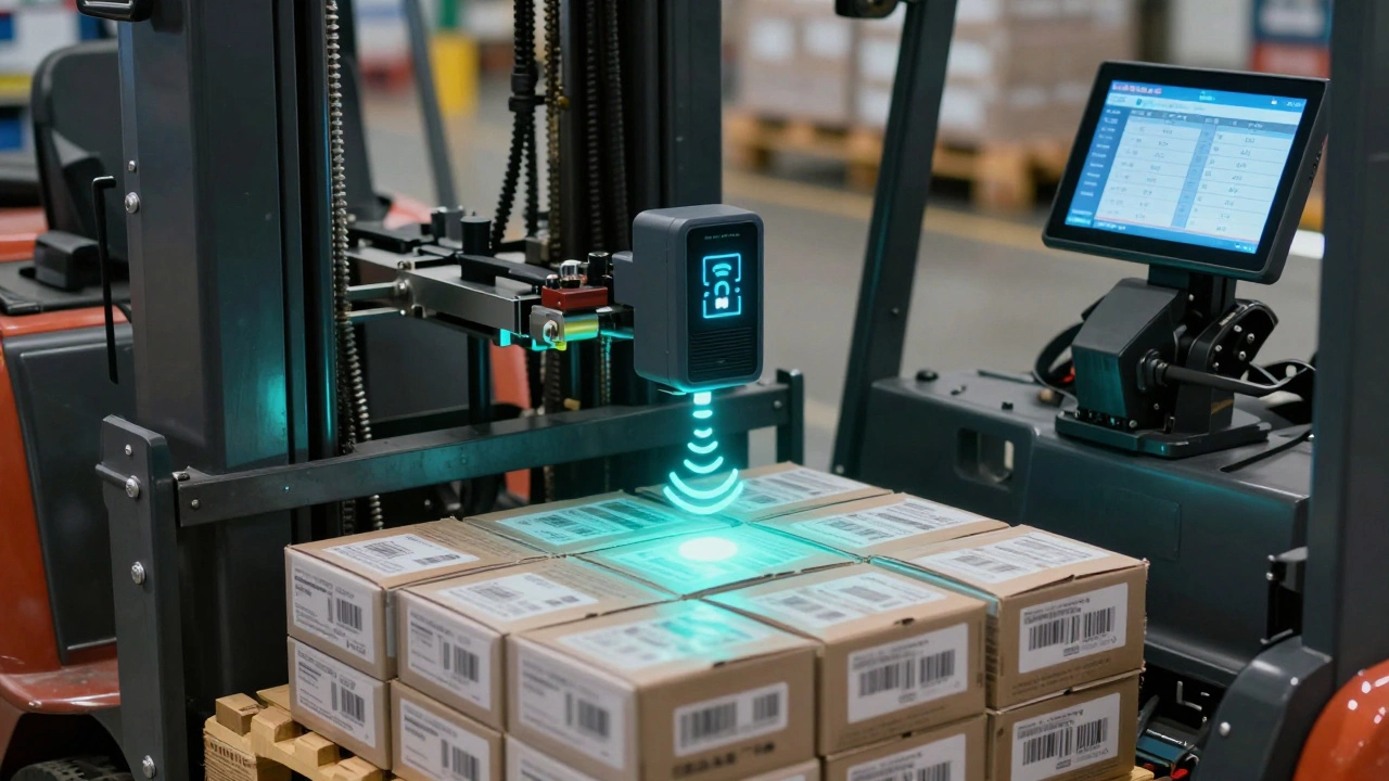 Forklift scanning a pallet with RFID technology as vertical modules operate nearby.
