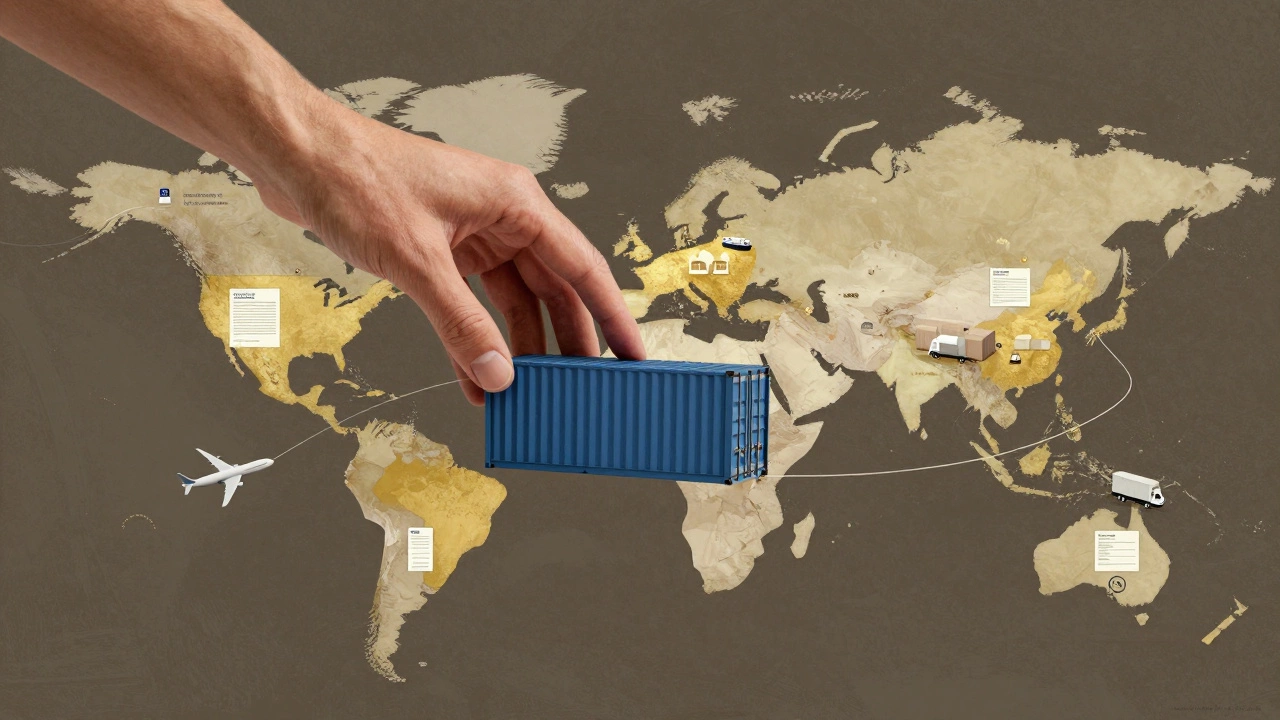 Invisible hand guiding a shipping container across a world map with service layers in gold.