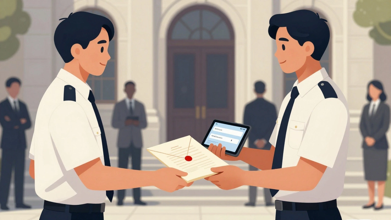 Law clerk handing a legal document to a courier outside a courthouse.