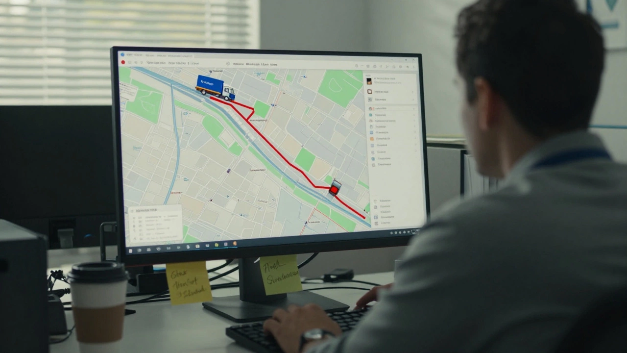 Logistics coordinator monitoring delivery routes on a computer with sticky notes nearby.