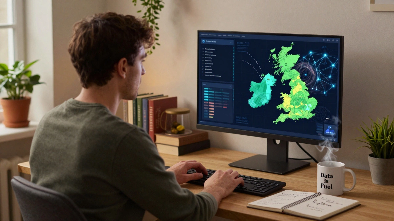 Logistics data specialist working remotely with a 3D heatmap of delivery delays on screen.
