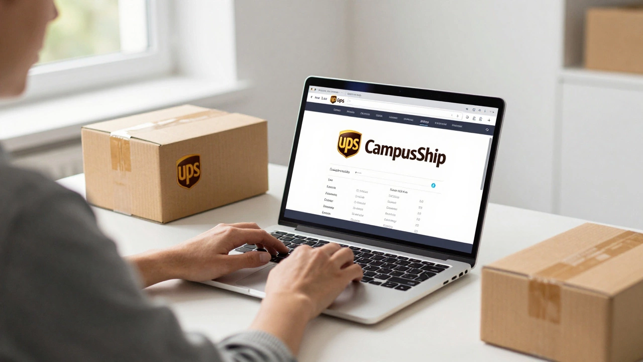 Person using UPS CampusShip on a laptop in a small UK office with one packaged item.